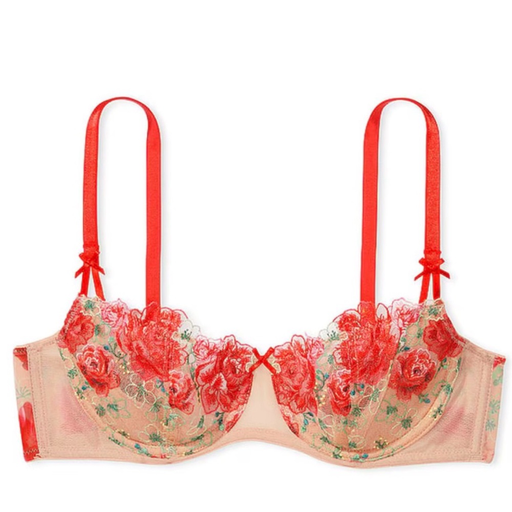 Victoria's Secret red Embroidered Illuminating Blooms Lightly Lined Balcony Bra